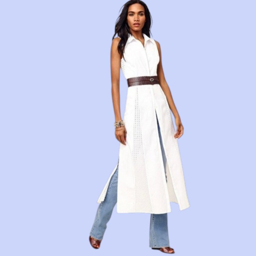 NWT White Eyelet Shirt Dress Size 8 Sleeveless Collared Midi Summer Bridal WHBM